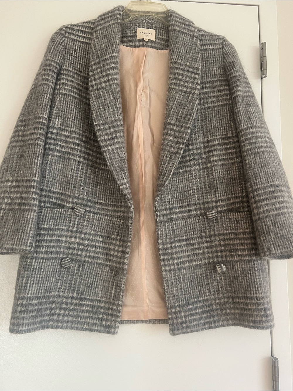 Sézane Grey Plaid Mohair Alpaca Blend Shawl Collar Blazer Jacket Size 34 / US 2
